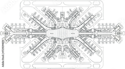 Vector art of aerial blueprint of a large airport terminal with runways and gates
