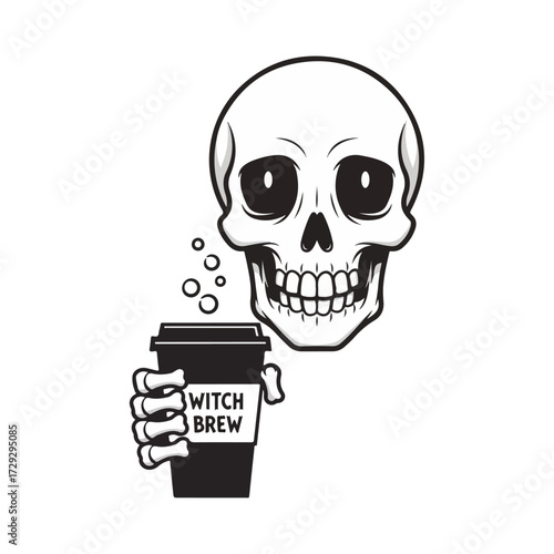 Funny Witch Brew Skull Holding Coffee Cup Vector Illustration
