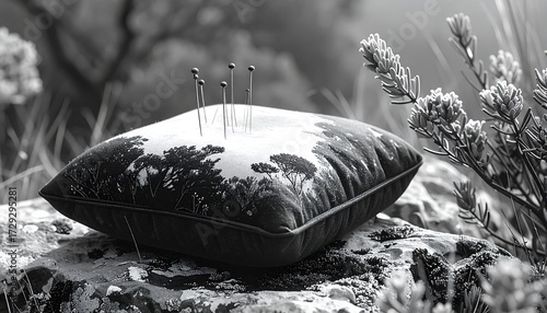 Dark gray pillow with forest print on rock