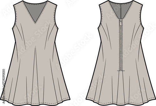Fashion dress technical flat sketch, sleeveless V-neck garment design, front and back view, sewing pattern illustration, apparel construction, clothing template