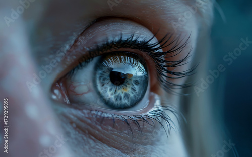 Close-Up of Blue-Gray Human Eye with Moisture, Radial Iris Patterns, and Reflected Light, High-Resolution Anatomical Image Featuring Eyelashes, Skin Texture, and Realistic Optical Detail
