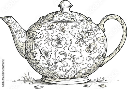 Ornate victorian teapot line drawing antique kitchenware retro beverage server vector