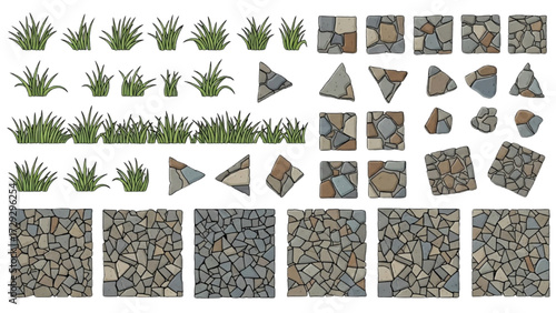 Grass and Broken Tiles Mosaic CAD Pattern – Vector Line Art Texture for Architecture and Landscape Design AI EPS PNG JPEG