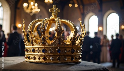 Golden crown on a table in a grand hall