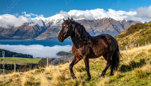Dark horse on a hill overlooking a lake and mountains