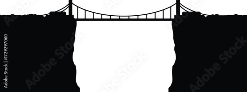 Suspension bridge connecting two cliffs silhouette over white space vector