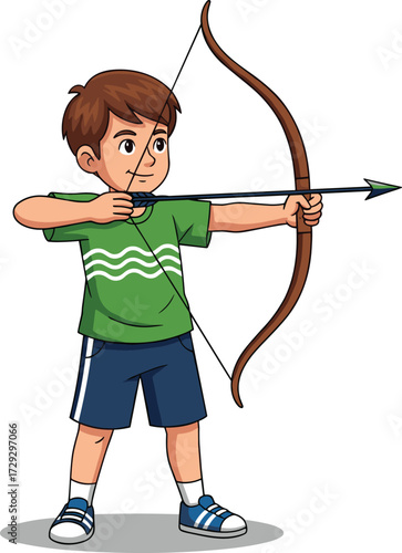 Cartoon boy practicing archery, child holding bow and arrow, aiming target, sports training illustration, vector drawing, outdoor activity, precision focus