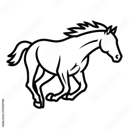 Dynamic black and white outline drawing of a galloping horse in full stride vector