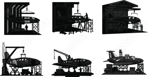 Silhouettes of airplane maintenance, aviation repair, aircraft assembly, hangar operations, crane lifting, industrial aviation, jet construction, aerospace engineering scenes