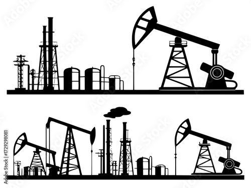 “Vector silhouettes of nodding donkey oil pumps, refinery plants, and industrial smokestacks, arranged in rows, strong graphic contrast.”