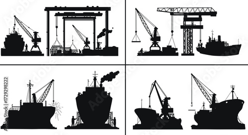 Shipyard crane vector illustration, black and white shipbuilding scenes, cargo loading docks, industrial maritime construction, port logistics, workers, vessels.