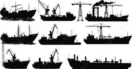 Silhouettes of cargo ships, cranes, industrial vessels, port construction, and shipping workers at sea in maritime transport and shipyard industry