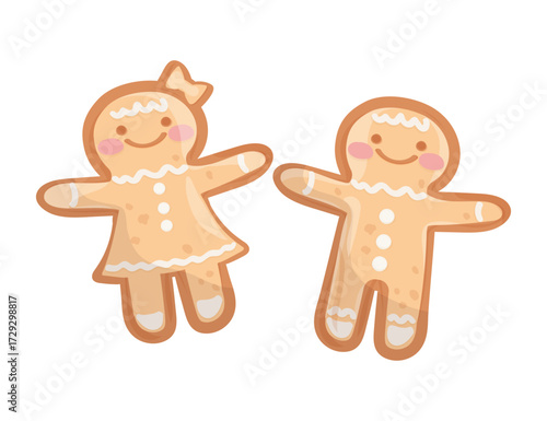 Set of Christmas holiday traditional biscuit vector illustrations Cute gingerbread man and woman.