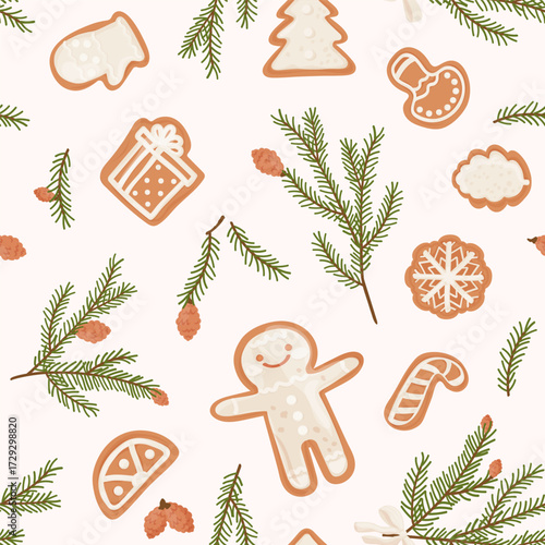 Cute vector seamless pattern with Christmas gingerbread cookies and fir tree branches. Design for textile, fabric, wrapping paper design