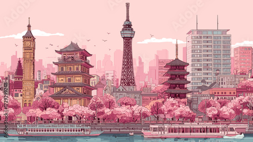 Cityscape of Osaka, city of Japan, attractive touristic advertisement poster, beautiful touristic must-see destination. Beautiful tourist destination in Asia. Genbaku dome monument after the atomic bo