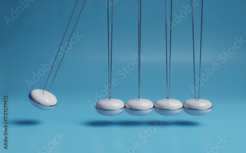 Close-Up of Newton’s Cradle with Five Suspended White Spheres Demonstrating Conservation of Momentum and Energy, High-Resolution Physics Concept Image for Mechanics and Motion Education