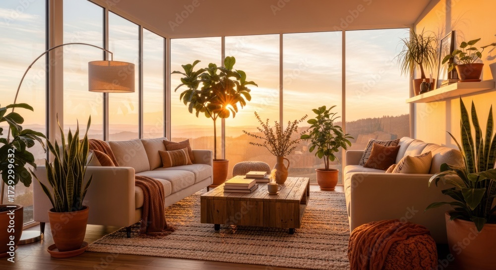 Fototapeta premium Modern living space is bathed in warm sunlight, featuring comfortable sofas, a wooden coffee table, and abundant potted plants, creating a serene, inviting interior with a scenic view through large...