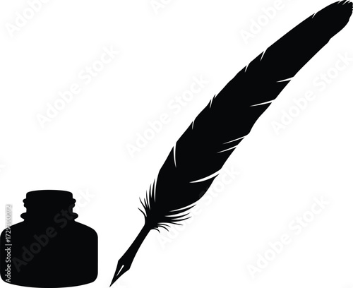 Silhouette quill pen and inkwell classic writing tool historical art vector