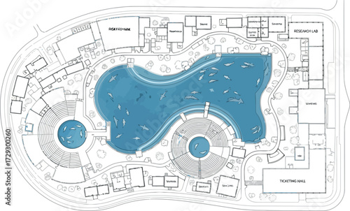 Vector art of aerial view blueprint of a modern aquarium with pools and buildings