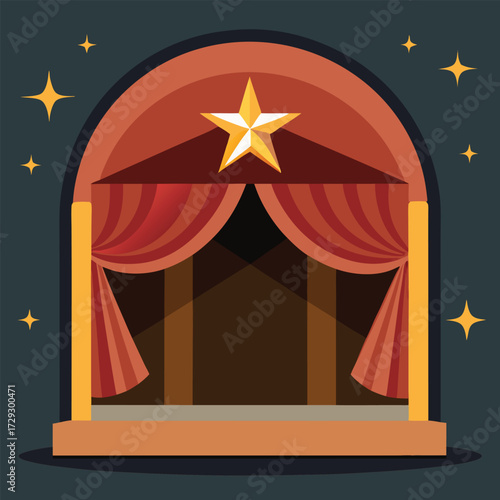 A theatrical stage with red curtains and a golden star illuminated by spotlights isolated on white background