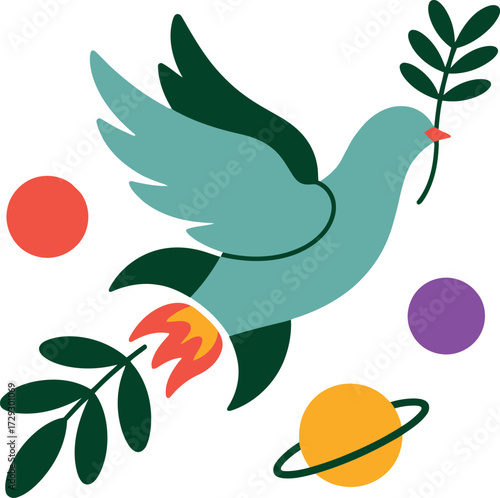 Peaceful dove with olive branch and cosmic elements vector Hand drawn