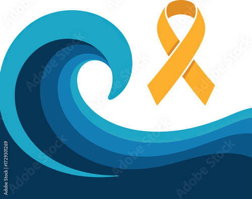 Ocean wave and awareness ribbon symbolizing hope and support vector Hand drawn