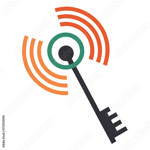 Stylized key with radiating signal waves in orange and red isolated on white background