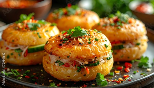 Golden rice buns filled with fresh vegetables