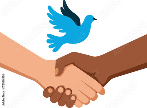 Diverse hands shake peaceful dove unity symbol vector Hand drawn