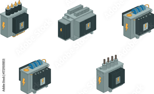 Isometric electrical transformer illustration set, power distribution equipment design, industrial energy device icons, voltage engineering concept, electricity technology vector artwork
