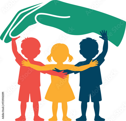Children protected under caring hand charity support family love vector Hand drawn