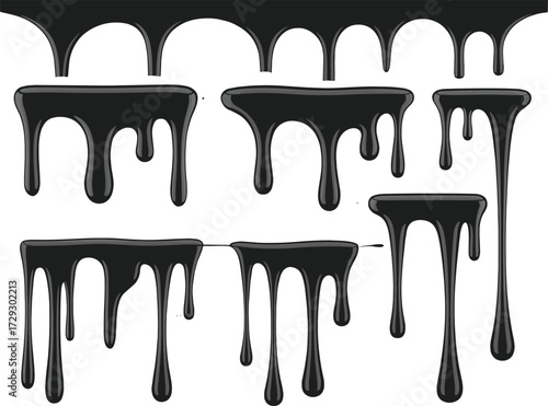 Smooth paint drip vector set, glossy slime border, liquid drop effect, leaking ink, dripping frame, cartoon goo, horror design