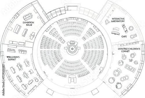 Vector art of floor plan of a circular building with seating, exhibition, and cafe areas