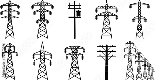 Vector collection of electricity transmission towers and utility poles with power lines, high voltage pylons and grid infrastructure icons for energy, industry and engineering design.
