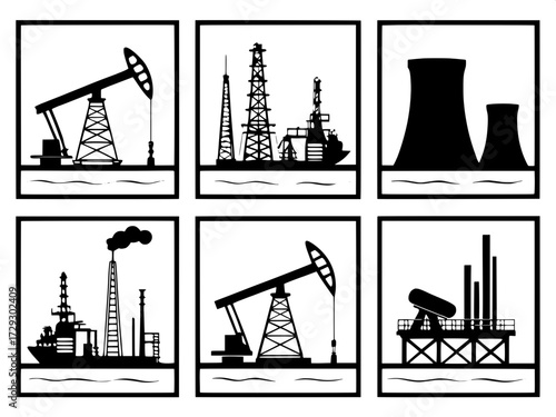 “Nine black silhouette illustrations of oil pump jacks, refineries, offshore rigs, and cooling towers arranged in a grid layout, high contrast design.”