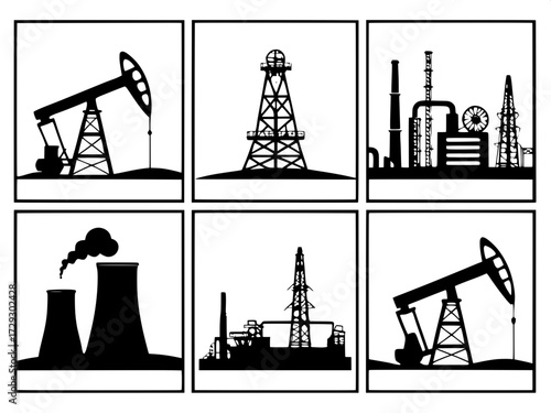 “Nine black silhouette illustrations of oil pump jacks, refineries, offshore rigs, and cooling towers arranged in a grid layout, high contrast design.”