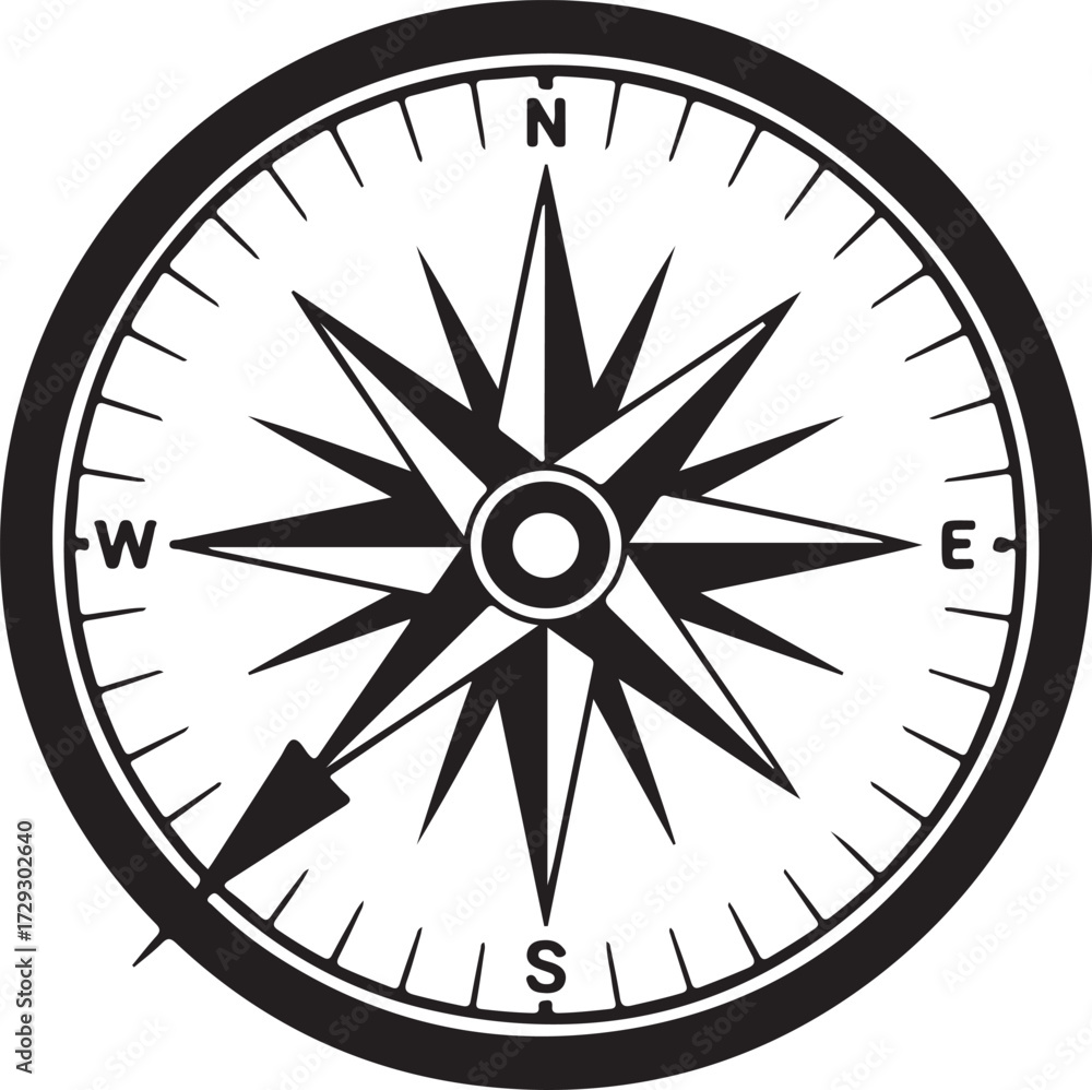 Fototapeta premium Black compass silhouette icon for navigation exploration and direction