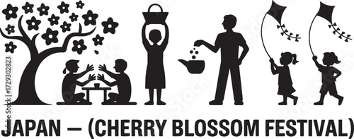 Cherry blossom festival, Japan culture celebration, children playing, adults picnic, Japanese festival vector