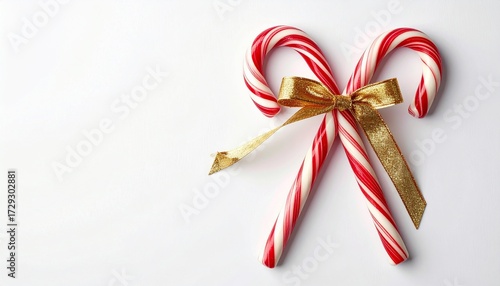 Wallpaper Mural Festive pair of Christmas candy canes with a shiny gold bow, isolated on a clean white surface with copy space for holiday greetings Torontodigital.ca