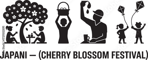 Cherry blossom festival, Japan culture celebration, children playing, adults picnic, Japanese festival vector