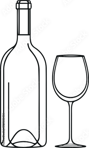 Simple wine bottle and glass outline, black and white vector illustration 2