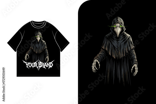 T-shirt design featuring a dark, hooded figure with a plague doctor mask and glowing eyes.