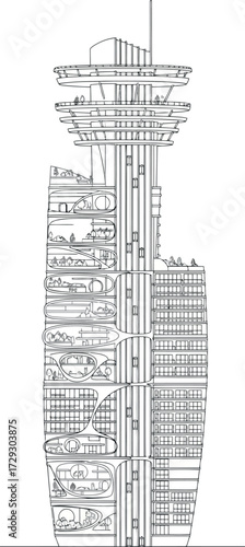 Vector art of crosssection architectural drawing of a futuristic skyscraper with multiple levels