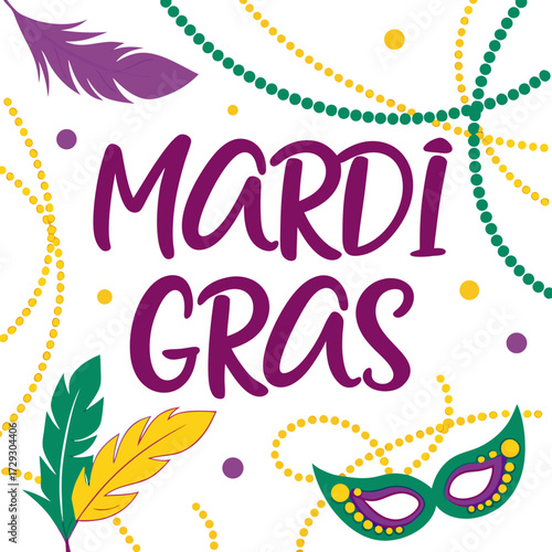 Colorful Mardi Gras vector design with festive mask, feathers, beads, and confetti. Perfect for celebration, carnival, and party themes.