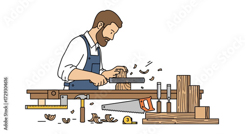 Artisan Craftsman Engaged in Woodworking Project in His Workshop