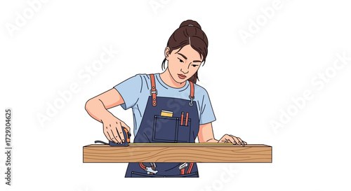 Artisan woman measuring wood with tape, precision crafting illustration