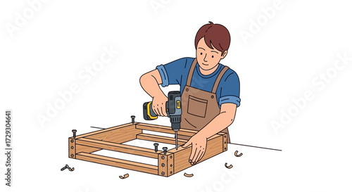 Artisan in Workshop Assembling Wooden Frame With Cordless Drill Tool