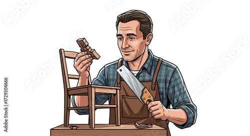 Artisan woodworker crafts miniature chair with hand saw in workshop