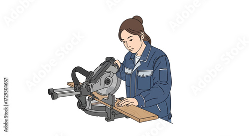 Artistic depiction of a young woman working with a miter saw, focus on precision