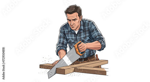 Carpenter sawing wood plank with hand saw, focused craftmanship scene